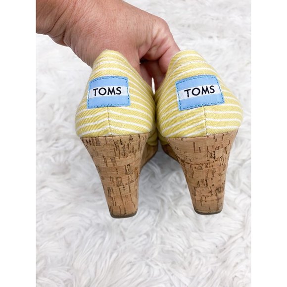 Toms Yellow White Stripe Canvas Cork Wedge Peep Toe Shoes 7.5 - Picture 5 of 6